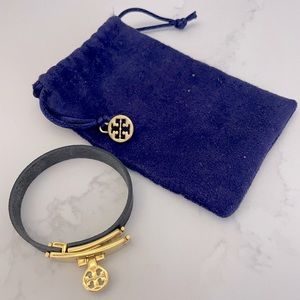 Tory Burch black leather and gold bracelet
